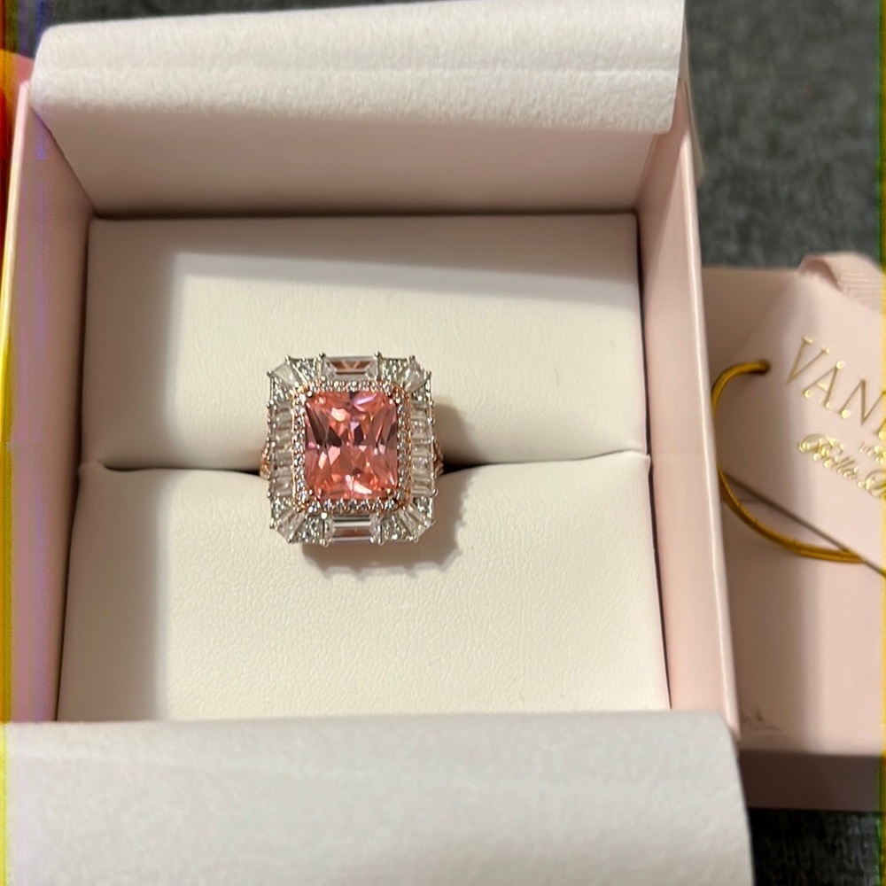 VANNA KAY LARGE PINK AND CLEAR CZ ROSE GOLD OVER STERLIING SILVER RING size 6